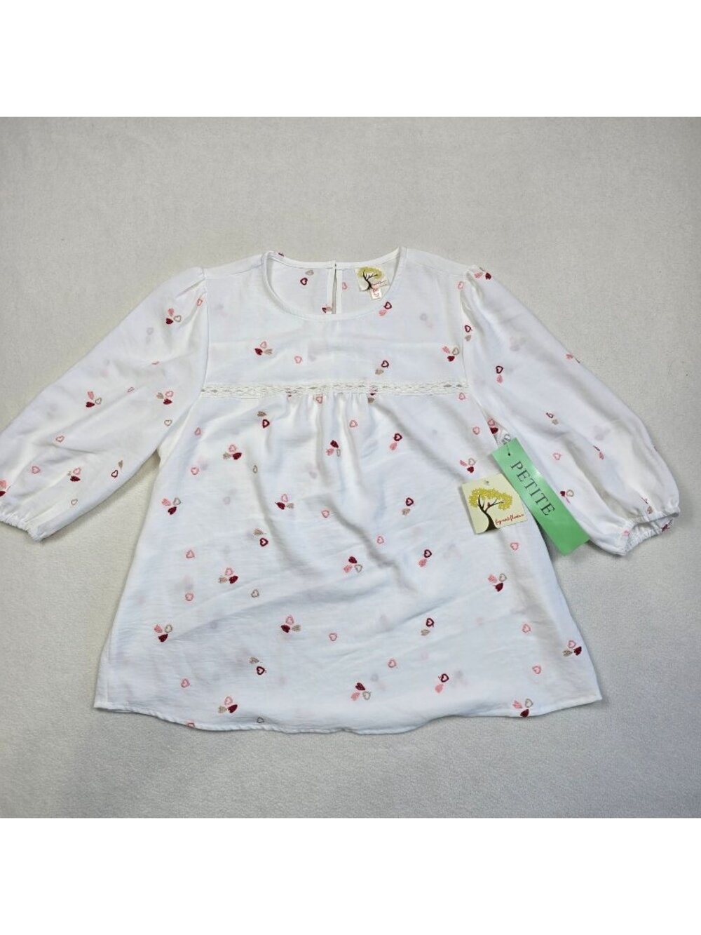 NWT Fig And Flower PS Blouse Shirt Top White Pink Red Long Sleeve Heart Print